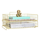 Blu Monaco Gold Desk Organizer Stackable Paper Tray Set of 2 - Metal Wire Two Tier Tray - Stackable Letter Tray - Inbox Tray for Desk