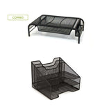 Monitor Stand with Drawer Organizer, Mesh Desk Organizer 5 Trays Desktop Document Letter Tray - 2 Piece Set
