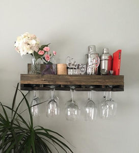 Wood Wine Rack Shelves | Wall Mounted Shelf & Stemware Glass Holder Organizer Floating Ledge Unique Rustic Bar Shelving by DistressedMeNot