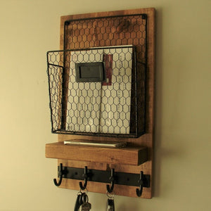 Modern Rustic Mail Organizer Shelf with Magazine Rack and Key Hooks by KeoDecor