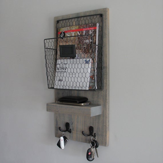 Rustic Entryway Mail Organizer Shelf with Magazine Rack and Key Hooks by KeoDecor