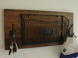 Rustic Mail Organizer with Magazine Basket and Coat Hooks by KeoDecor