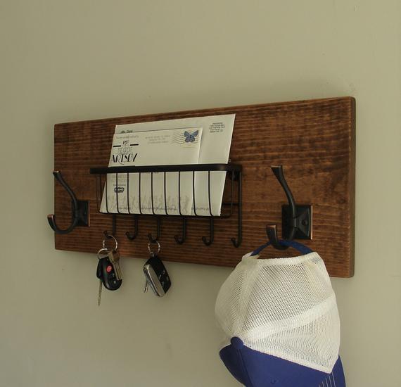 Simply Rustic Mail Organizer with Wire Basket and Coat Key Hooks by KeoDecor
