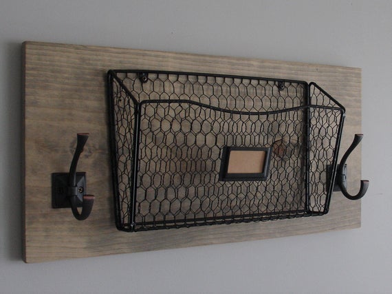 Rustic Mail Organizer with Magazine Basket and Coat Hooks by KeoDecor