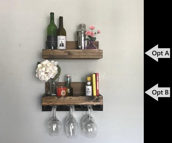 16" Rustic Wood Wine Rack  | Shelf & Stemware Glass Holder Organizer Ledge Unique Narrow Short by DistressedMeNot