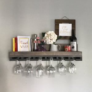 Wood Wine Rack Shelves | Wall Mounted Shelf & Hanging Stemware Glass Holder Organizer Bar Unique Rustic Bar Shelvez by DistressedMeNot