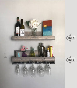 Wood Wall Mounted Wine Rack Shelf & Glass Holder Organizer Floating Ledge Unique Rustic Bar Shelves Grey by DistressedMeNot