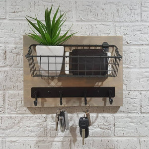 Simply Rustic Mail Organizer Shelf with Basket and Key Hooks by KeoDecor