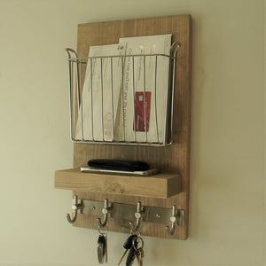 Rustic Entryway Mail Organizer Shelf with Magazine Rack and Key Hooks by KeoDecor