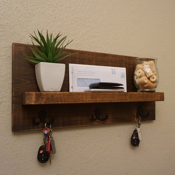 Simply Modern Rustic Entryway Shelf with Satin Black Finish Key Hooks by KeoDecor