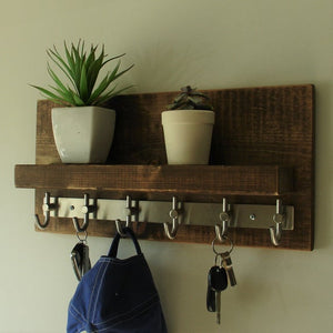 Modern Rustic Entryway Coat Rack Shelf with Brushed Nickel Rail Hooks by KeoDecor