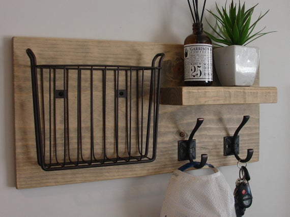 Rustic Mail Organizer with Magazine Basket and Floating Shelf by KeoDecor