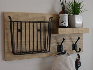 Rustic Mail Organizer with Magazine Basket Floating Shelf and Coat Hooks by KeoDecor