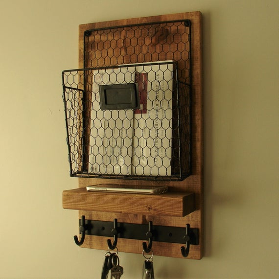 Modern Rustic Mail Organizer Shelf with Magazine Rack and Key Hooks by KeoDecor