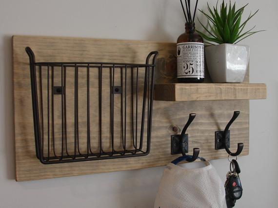 Rustic Mail Organizer Shelf with Magazine Basket and Coat Hooks by KeoDecor