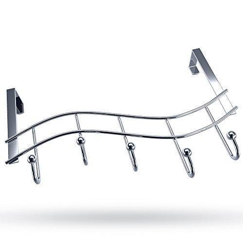 Over the Door Rack with Hooks | 5 Hangers for Towels Coats Clothes Robes Ties Hats | Bathroom Closet Extra Long Heavy Duty Chrome Space Saver Mudroom Organizer by Kyle Matthews Designs