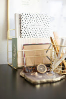 Blu Monaco Gold Desk Accessories for Women - 5 Piece Wire Gold Desk Organizer Set – Letter Sorter, Paper Tray, Pen Cup, Magazine File