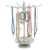 Vintage Whitewashed Metal 12 Hook Jewelry Organizer Rack Stand w/ Ring Dish Tray - MyGift Enterprise LLC