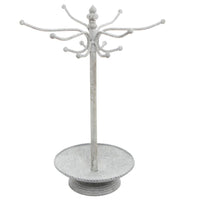 Vintage Whitewashed Metal 12 Hook Jewelry Organizer Rack Stand w/ Ring Dish Tray